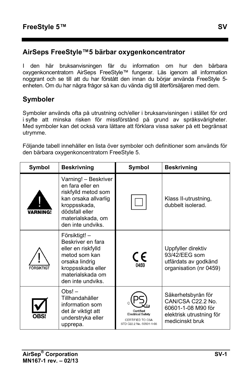 Freestyle 5™ sv, Airseps freestyle™5 bärbar oxygenkoncentrator, Symboler | AirSep MN167-1 User Manual | Page 383 / 520