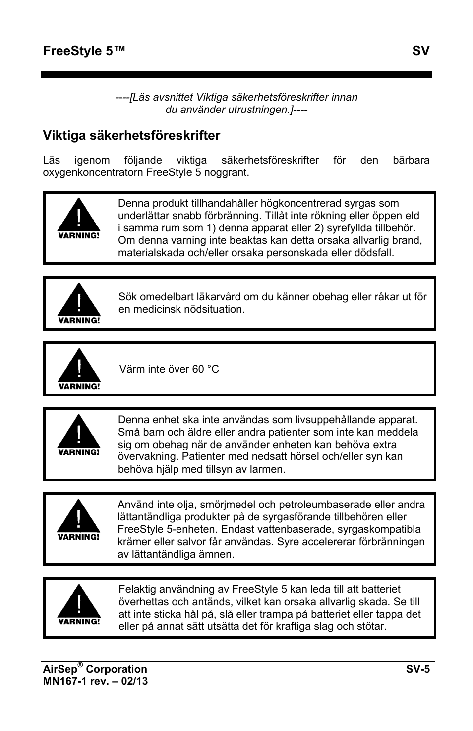 Freestyle 5™ sv, Viktiga säkerhetsföreskrifter | AirSep MN167-1 User Manual | Page 387 / 520