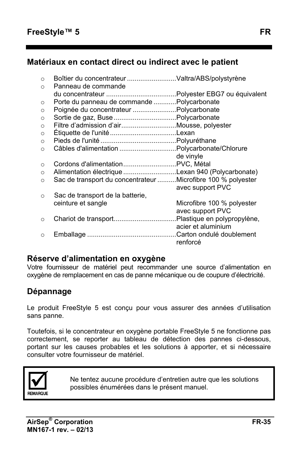 Freestyle™ 5 fr, Réserve d’alimentation en oxygène, Dépannage | AirSep MN167-1 User Manual | Page 39 / 520