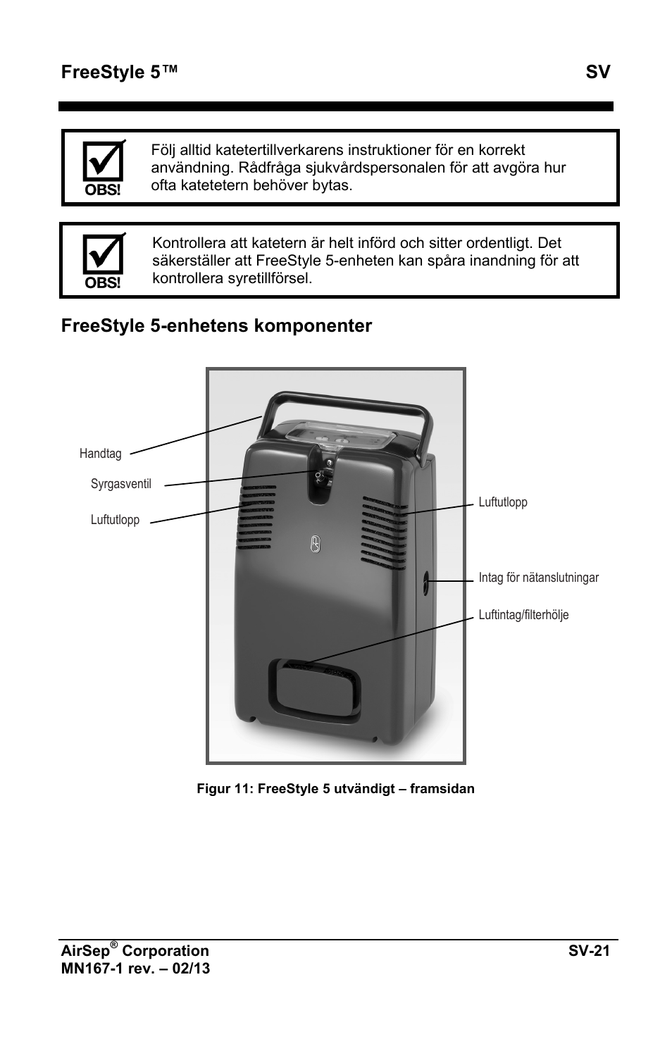 Freestyle 5™ sv, Freestyle 5-enhetens komponenter | AirSep MN167-1 User Manual | Page 403 / 520