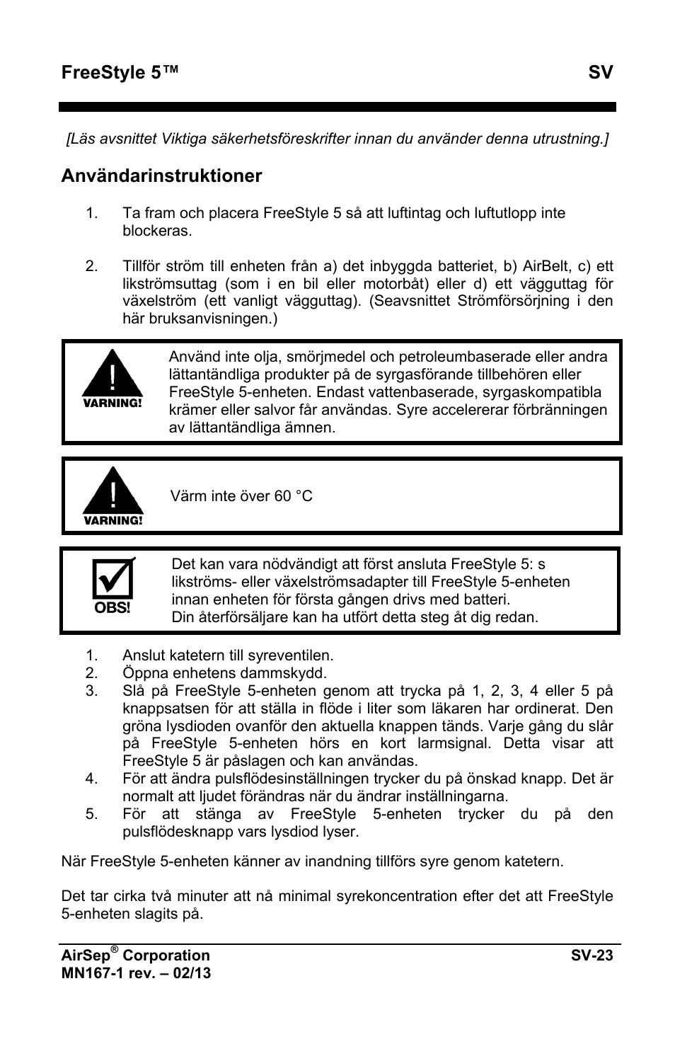 Freestyle 5™ sv, Användarinstruktioner | AirSep MN167-1 User Manual | Page 405 / 520