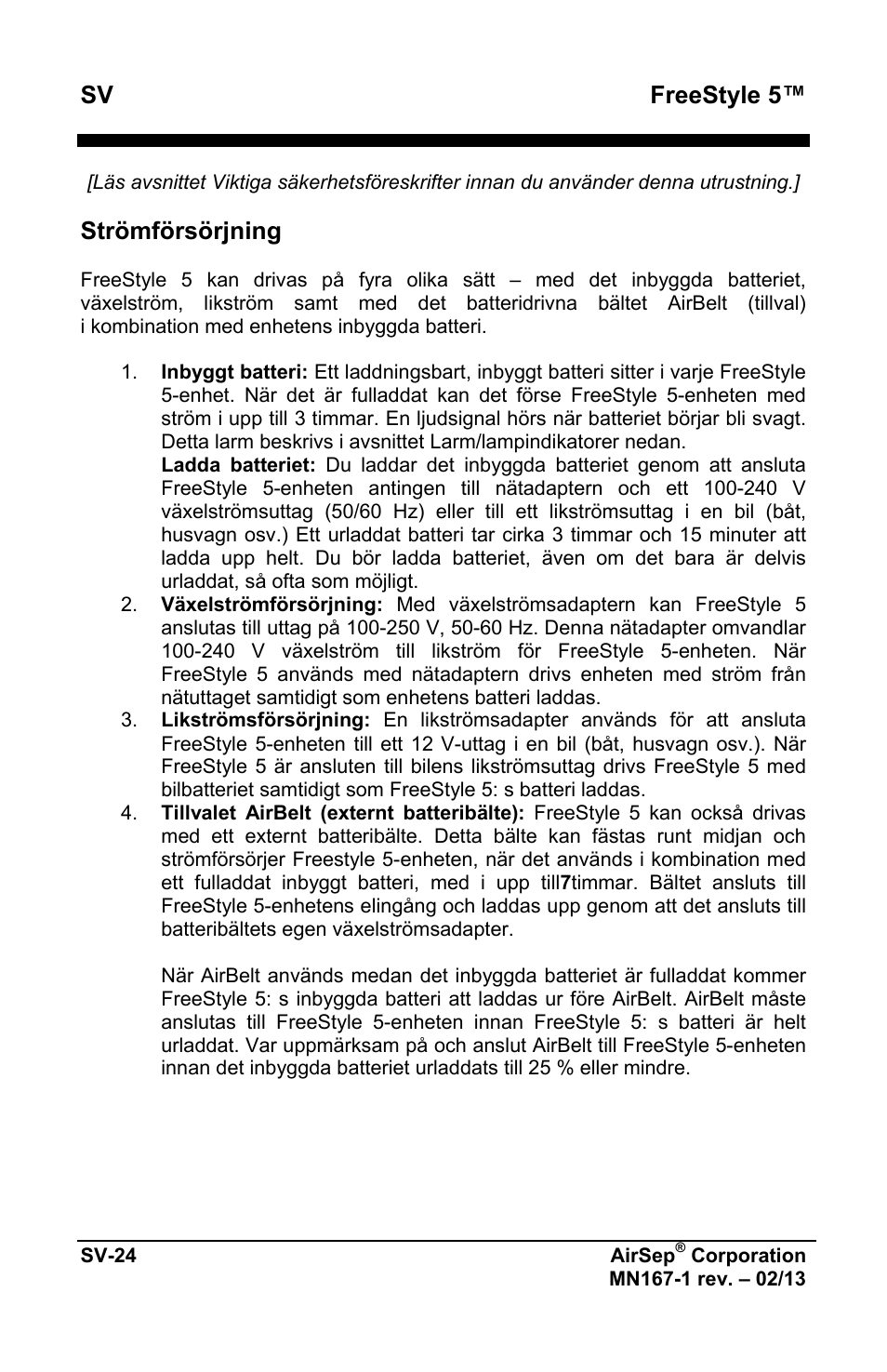 Sv freestyle 5, Strömförsörjning | AirSep MN167-1 User Manual | Page 406 / 520