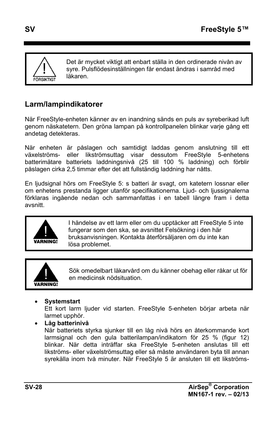 Sv freestyle 5, Larm/lampindikatorer | AirSep MN167-1 User Manual | Page 410 / 520