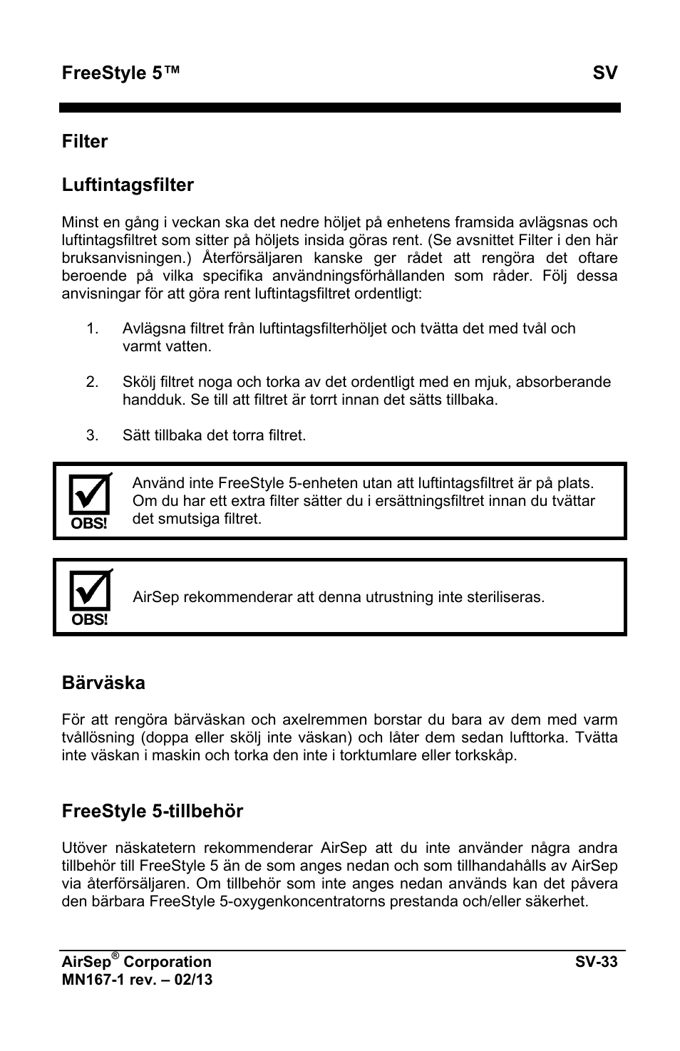 Freestyle 5™ sv, Filter luftintagsfilter, Bärväska | Freestyle 5-tillbehör | AirSep MN167-1 User Manual | Page 415 / 520