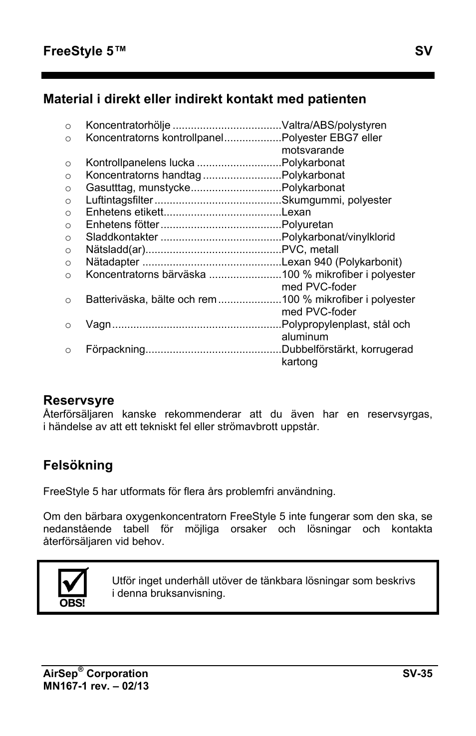 Freestyle 5™ sv, Reservsyre, Felsökning | AirSep MN167-1 User Manual | Page 417 / 520