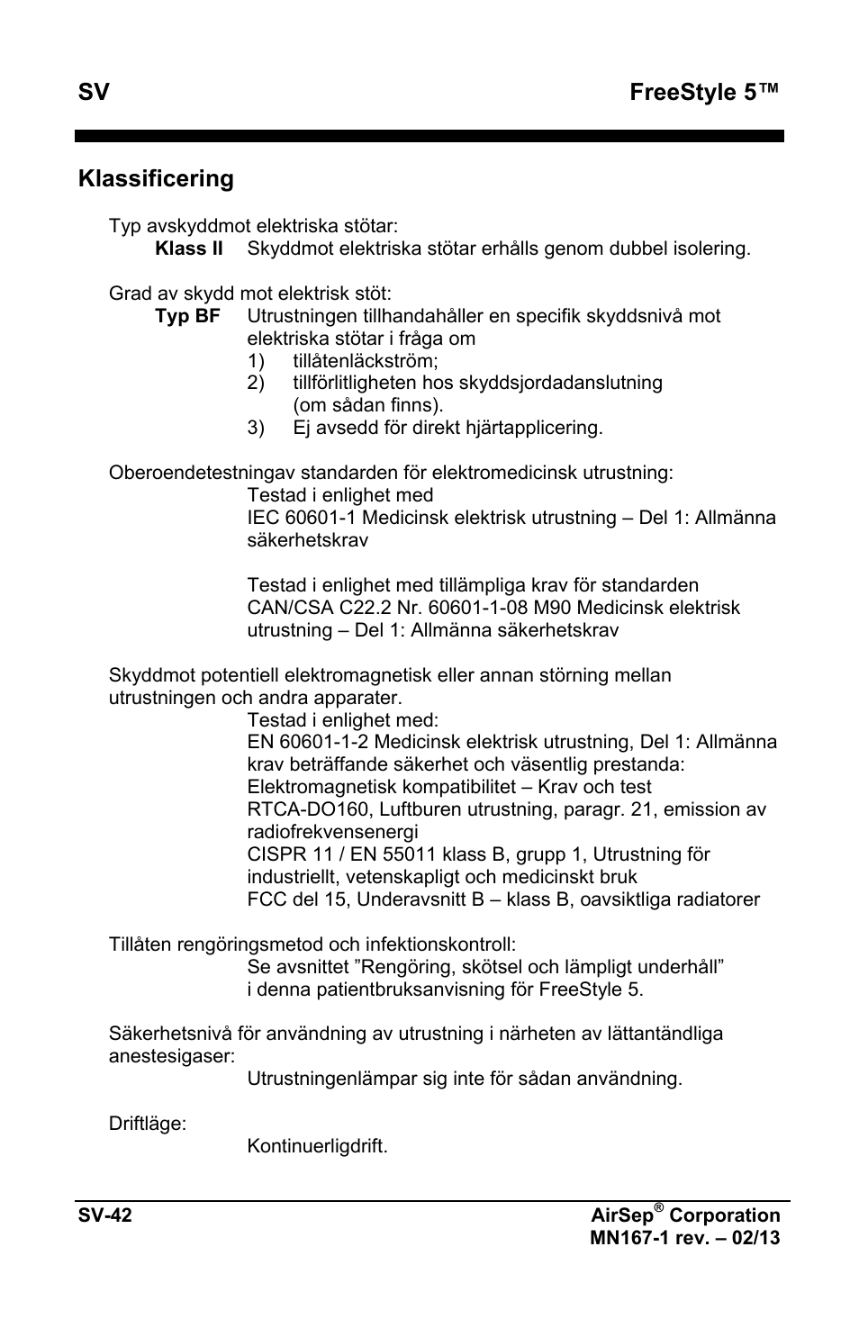 Sv freestyle 5, Klassificering | AirSep MN167-1 User Manual | Page 424 / 520