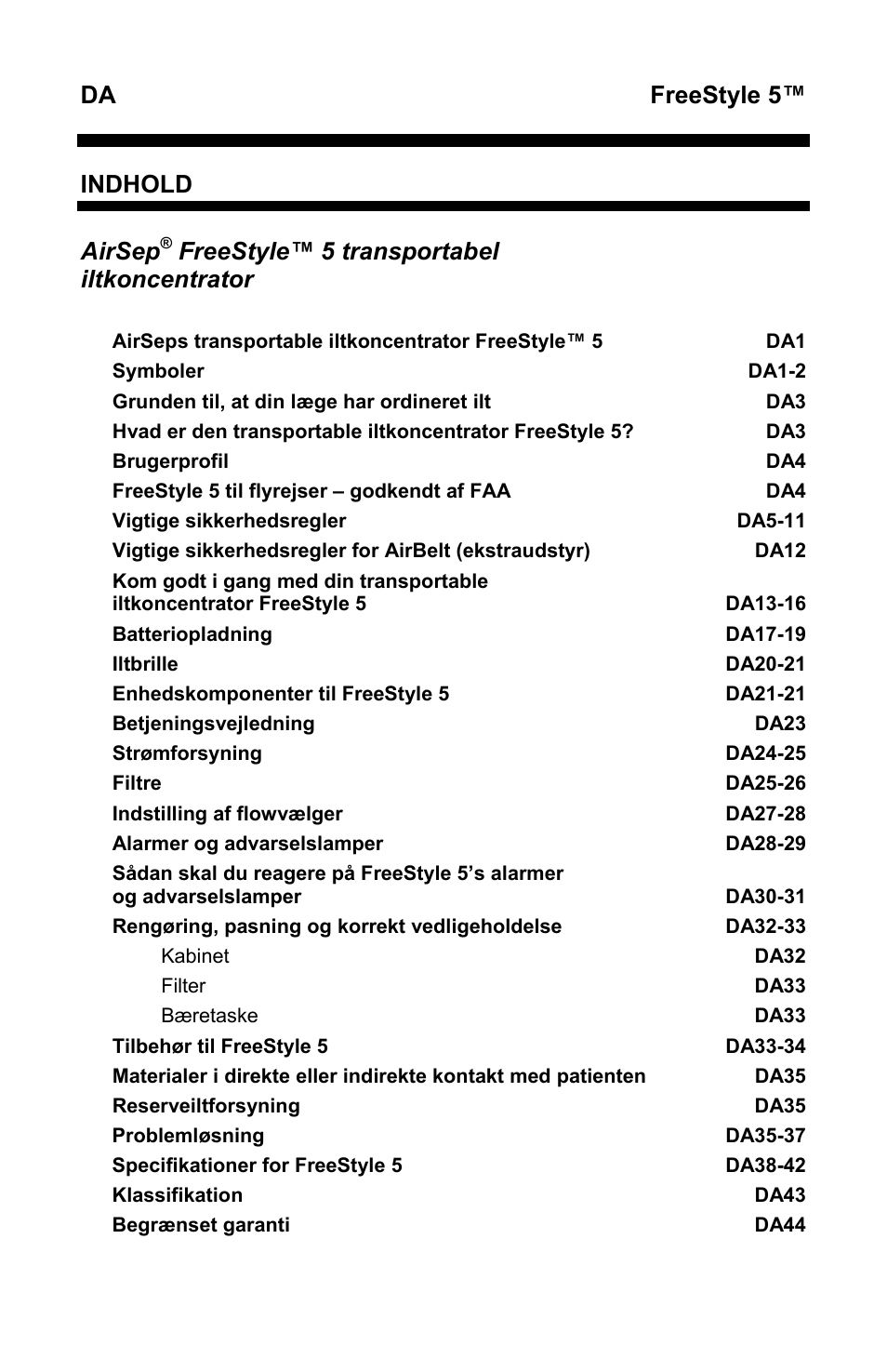 Freestyle 5, Indhold, Airsep | Freestyle™ 5 transportabel iltkoncentrator | AirSep MN167-1 User Manual | Page 428 / 520