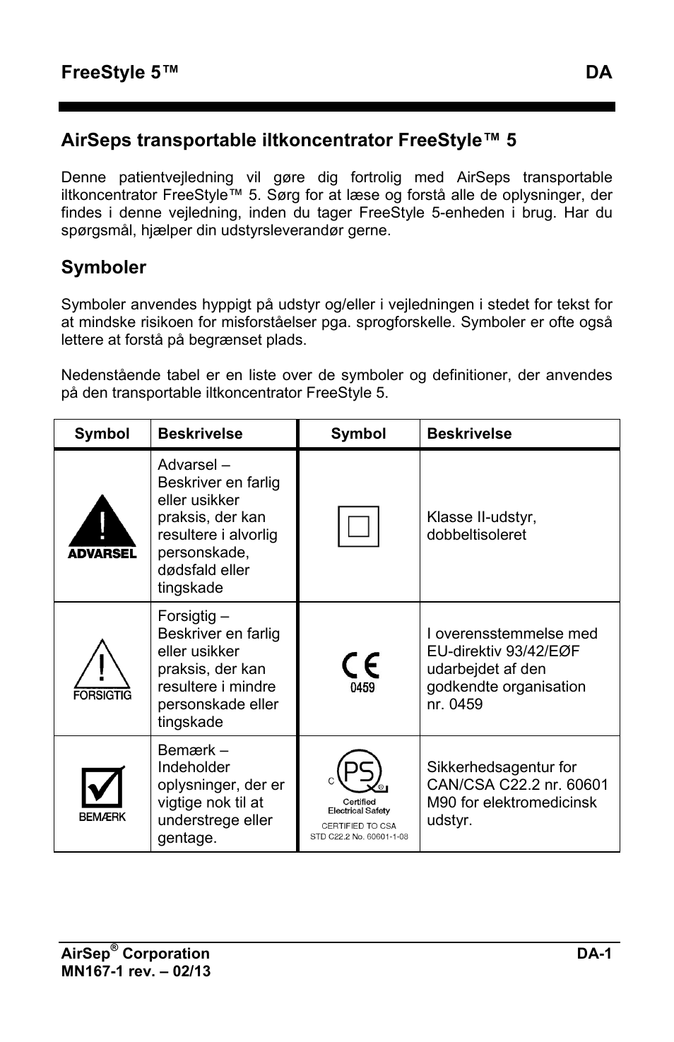 Freestyle 5™ da, Airseps transportable iltkoncentrator freestyle™ 5, Symboler | AirSep MN167-1 User Manual | Page 429 / 520