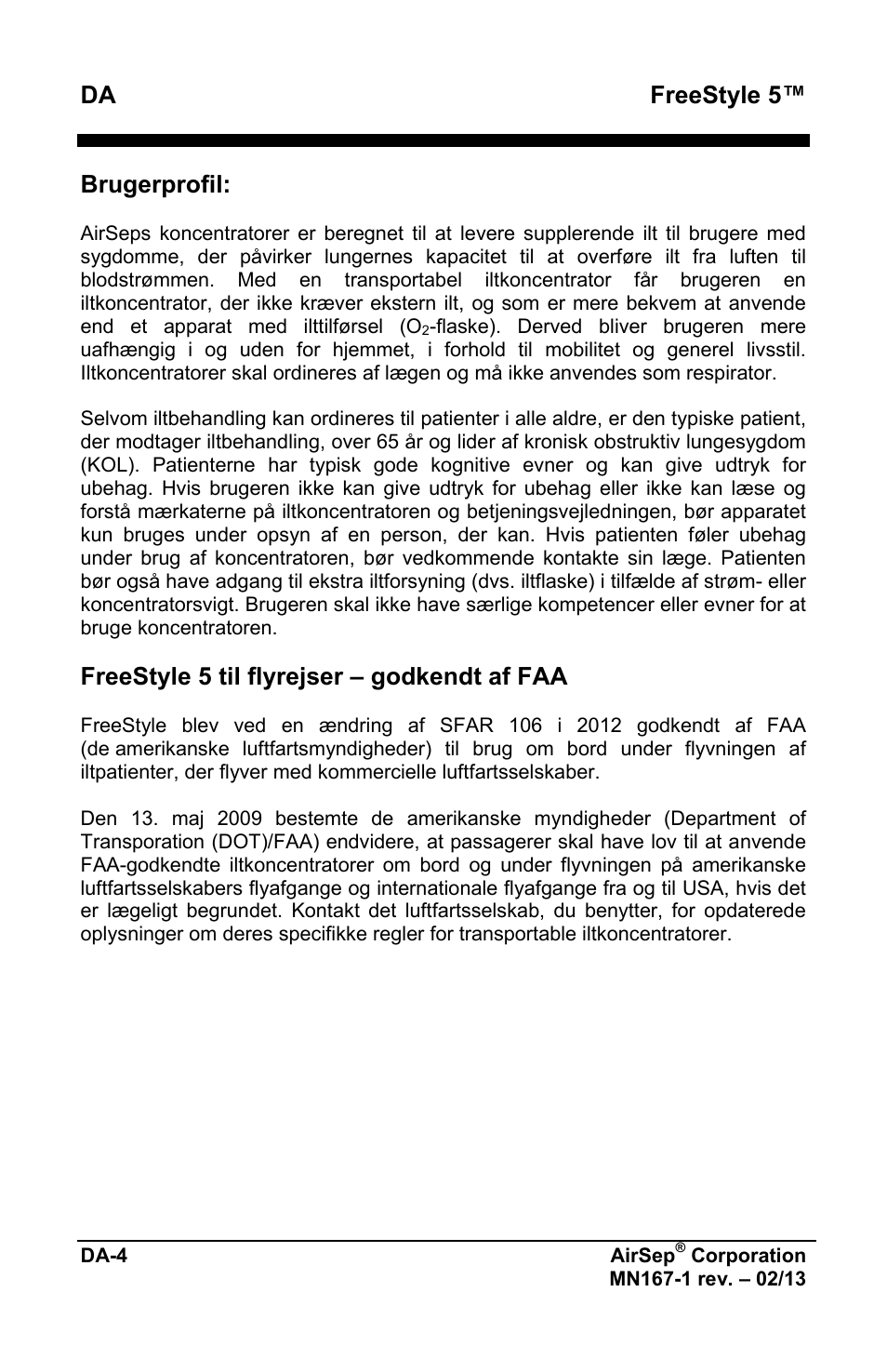 Freestyle 5, Brugerprofil, Freestyle 5 til flyrejser – godkendt af faa | AirSep MN167-1 User Manual | Page 432 / 520