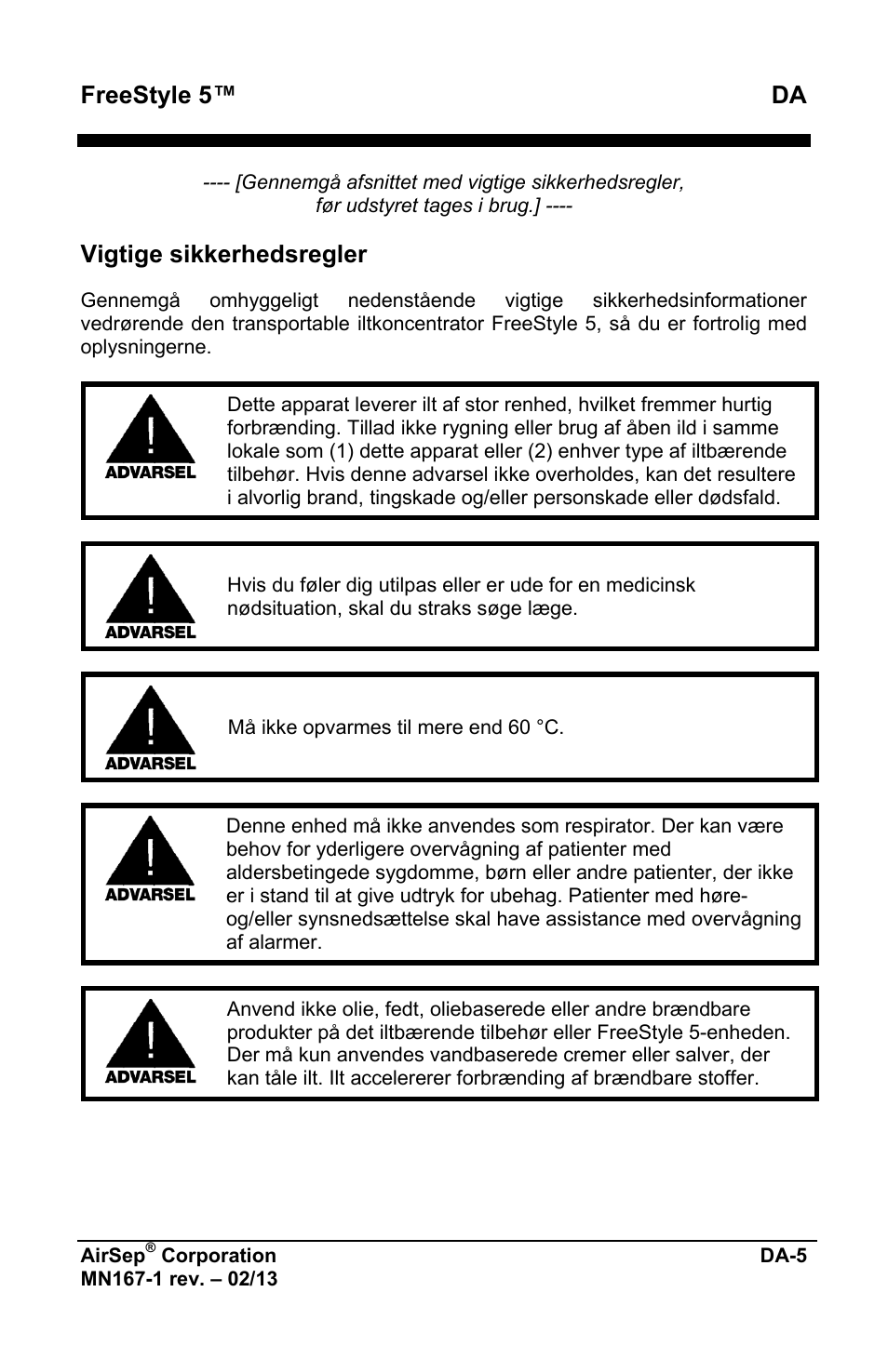 Freestyle 5™ da, Vigtige sikkerhedsregler | AirSep MN167-1 User Manual | Page 433 / 520