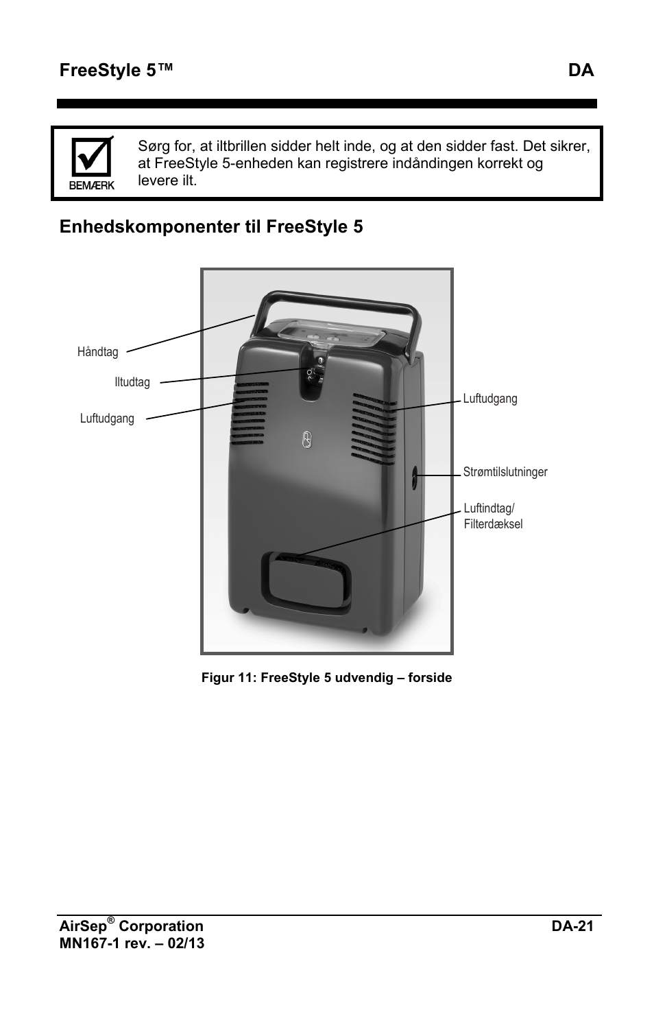 Freestyle 5™ da, Enhedskomponenter til freestyle 5 | AirSep MN167-1 User Manual | Page 449 / 520