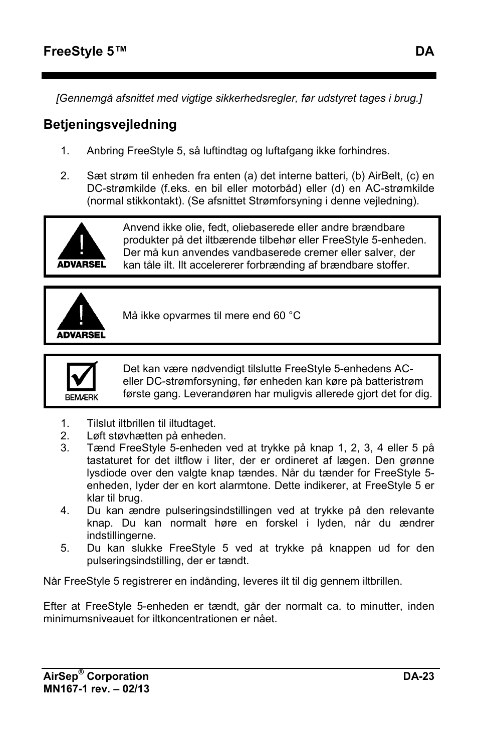 Freestyle 5™ da, Betjeningsvejledning | AirSep MN167-1 User Manual | Page 451 / 520