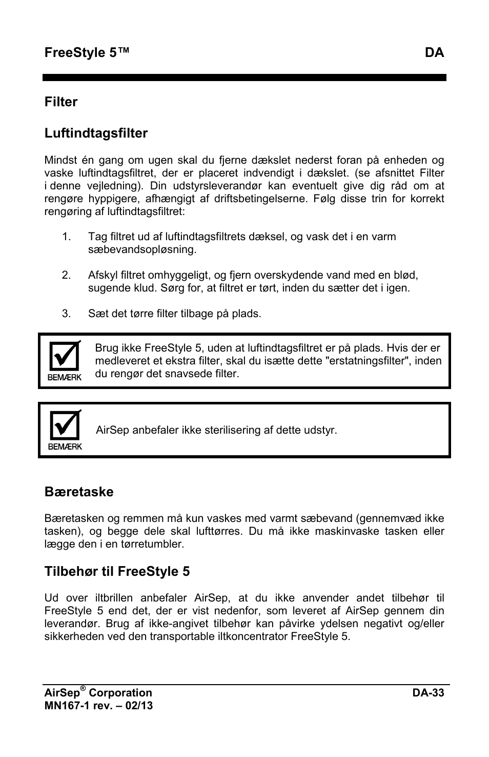 Freestyle 5™ da, Filter luftindtagsfilter, Bæretaske | Tilbehør til freestyle 5 | AirSep MN167-1 User Manual | Page 461 / 520