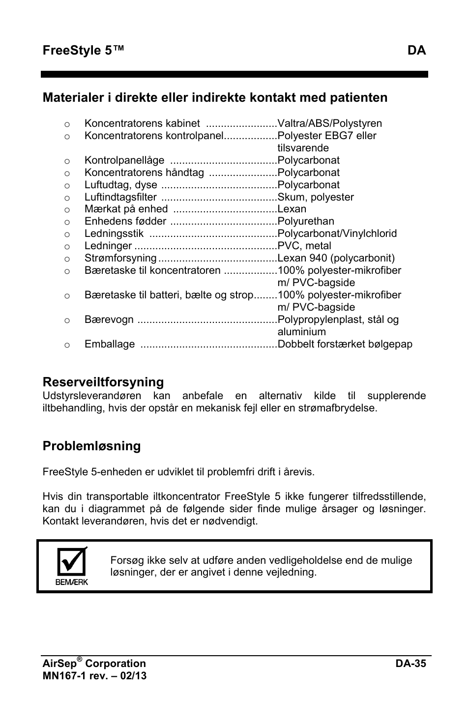 Freestyle 5™ da, Reserveiltforsyning, Problemløsning | AirSep MN167-1 User Manual | Page 463 / 520