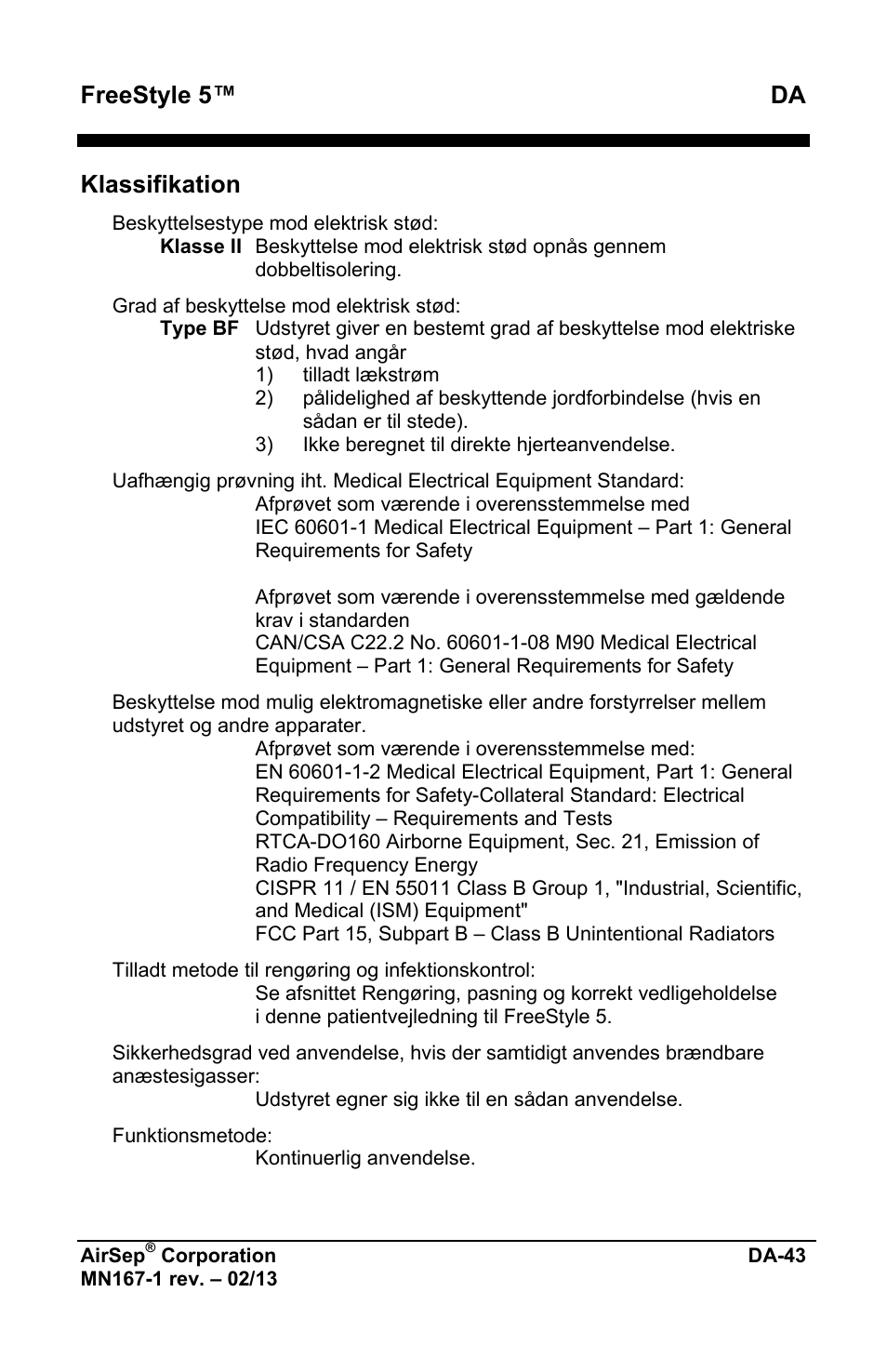 Freestyle 5™ da, Klassifikation | AirSep MN167-1 User Manual | Page 471 / 520