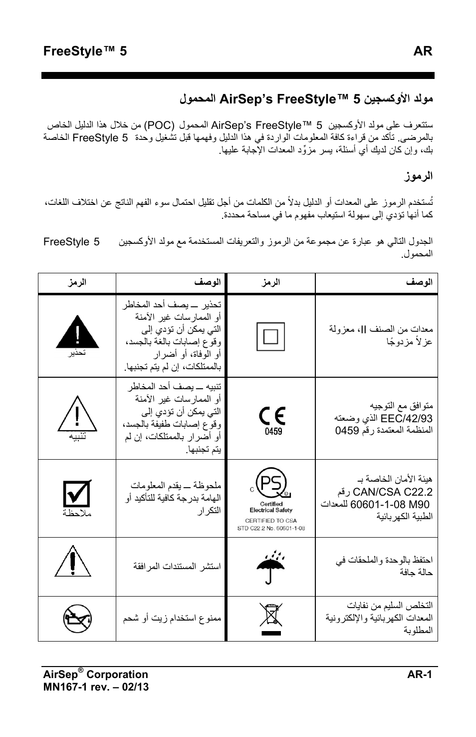 Freestyle™ 5 ar, ﻥﻳﺟﺳﻛﻭﻷﺍ ﺩﻟﻭﻣ airsep’s freestyle™ 5 ﻝﻭﻣﺣﻣﻟﺍ, ﺯﻭﻣﺭﻟﺍ | AirSep MN167-1 User Manual | Page 475 / 520