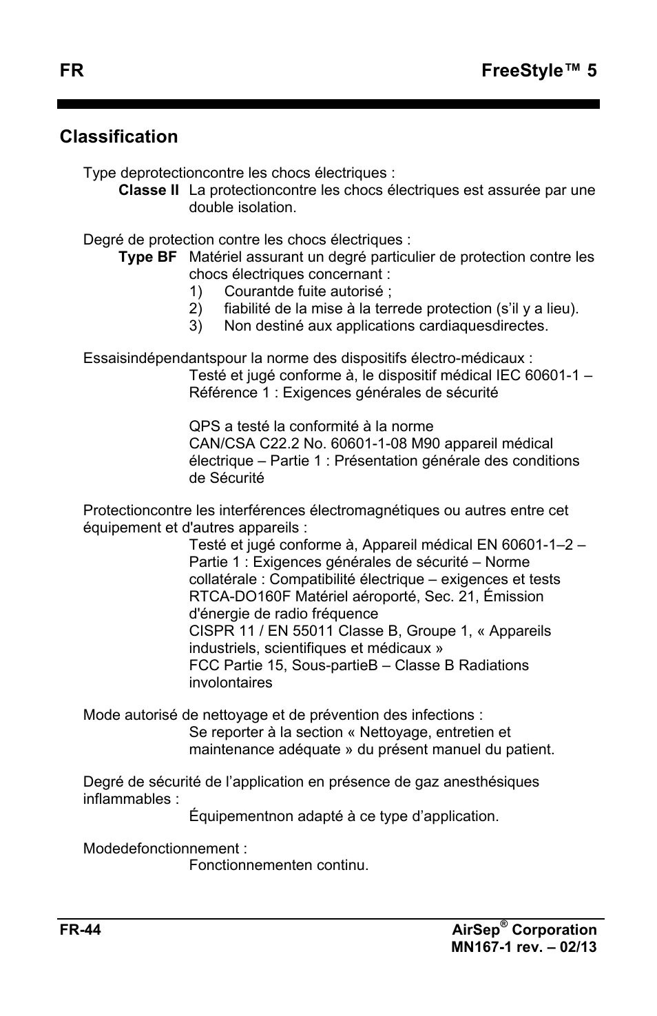 Fr freestyle™ 5, Classification | AirSep MN167-1 User Manual | Page 48 / 520