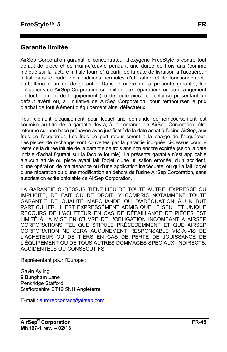 Freestyle™ 5 fr, Garantie limitée | AirSep MN167-1 User Manual | Page 49 / 520