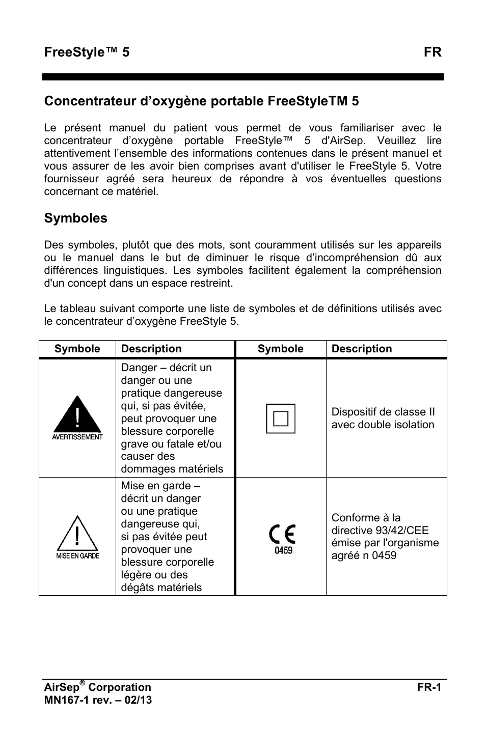 Freestyle™ 5 fr, Concentrateur d’oxygène portable freestyletm 5, Symboles | AirSep MN167-1 User Manual | Page 5 / 520