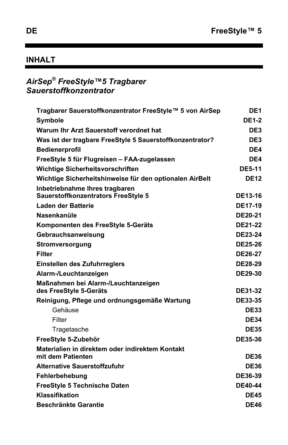 De freestyle™ 5, Inhalt, Airsep | Freestyle™5 tragbarer sauerstoffkonzentrator | AirSep MN167-1 User Manual | Page 52 / 520