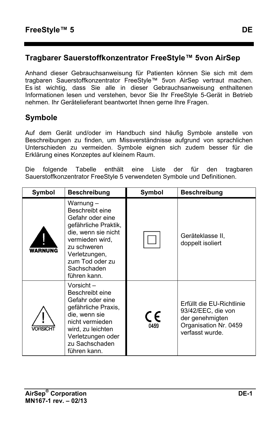 Freestyle™ 5 de, Symbole | AirSep MN167-1 User Manual | Page 53 / 520
