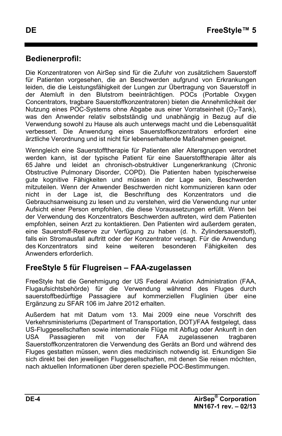 De freestyle™ 5, Bedienerprofil, Freestyle 5 für flugreisen – faa-zugelassen | AirSep MN167-1 User Manual | Page 56 / 520