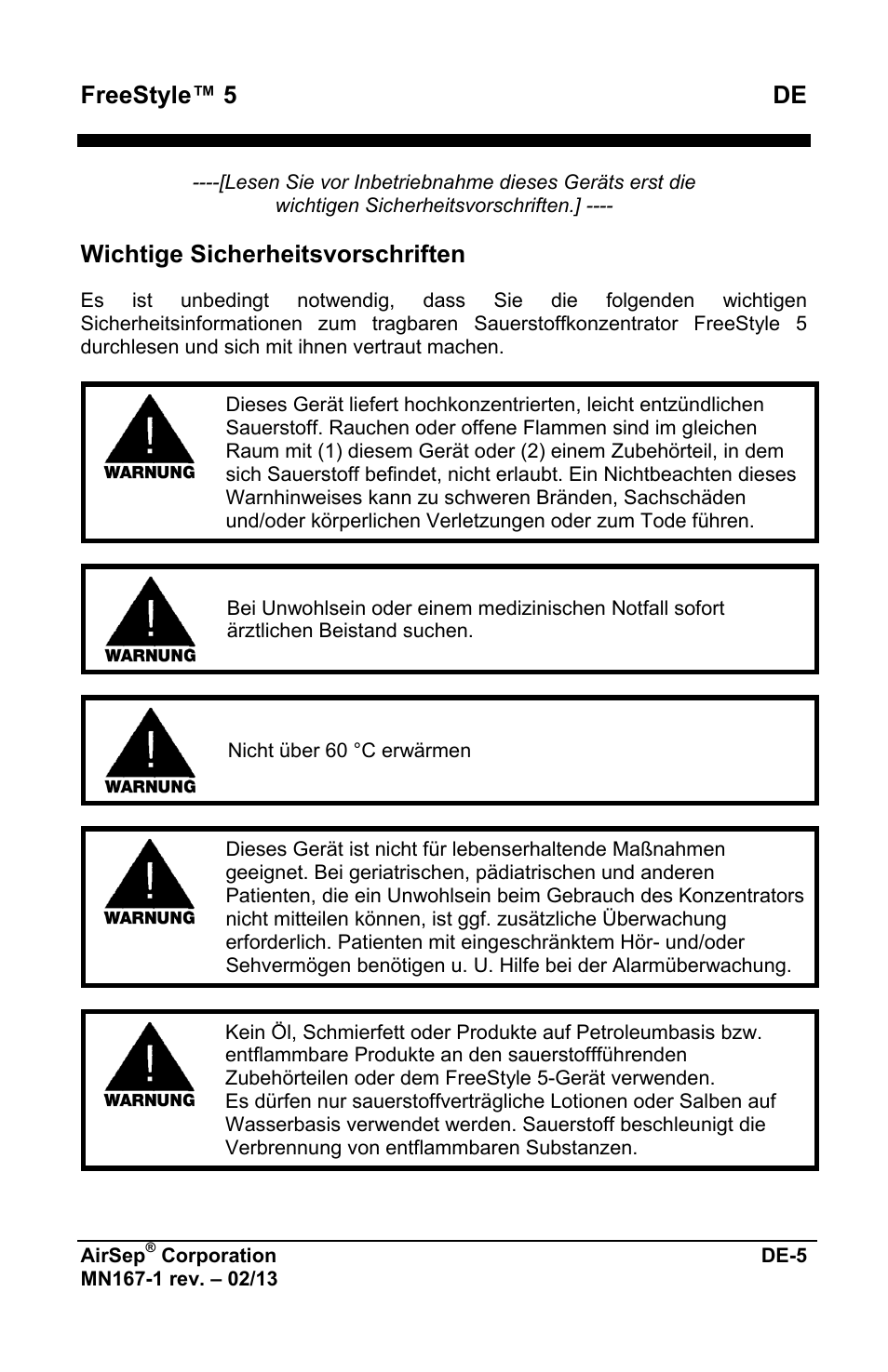 Freestyle™ 5 de, Wichtige sicherheitsvorschriften | AirSep MN167-1 User Manual | Page 57 / 520