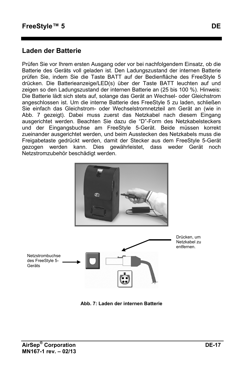 Freestyle™ 5 de, Laden der batterie | AirSep MN167-1 User Manual | Page 69 / 520