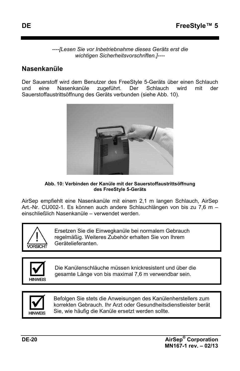 De freestyle™ 5, Nasenkanüle | AirSep MN167-1 User Manual | Page 72 / 520