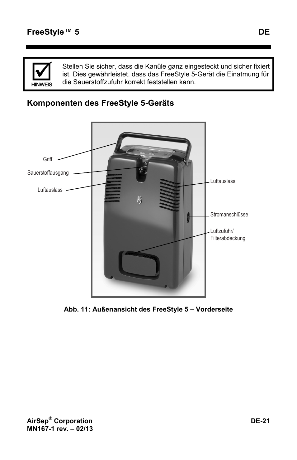 Freestyle™ 5 de, Komponenten des freestyle 5-geräts | AirSep MN167-1 User Manual | Page 73 / 520