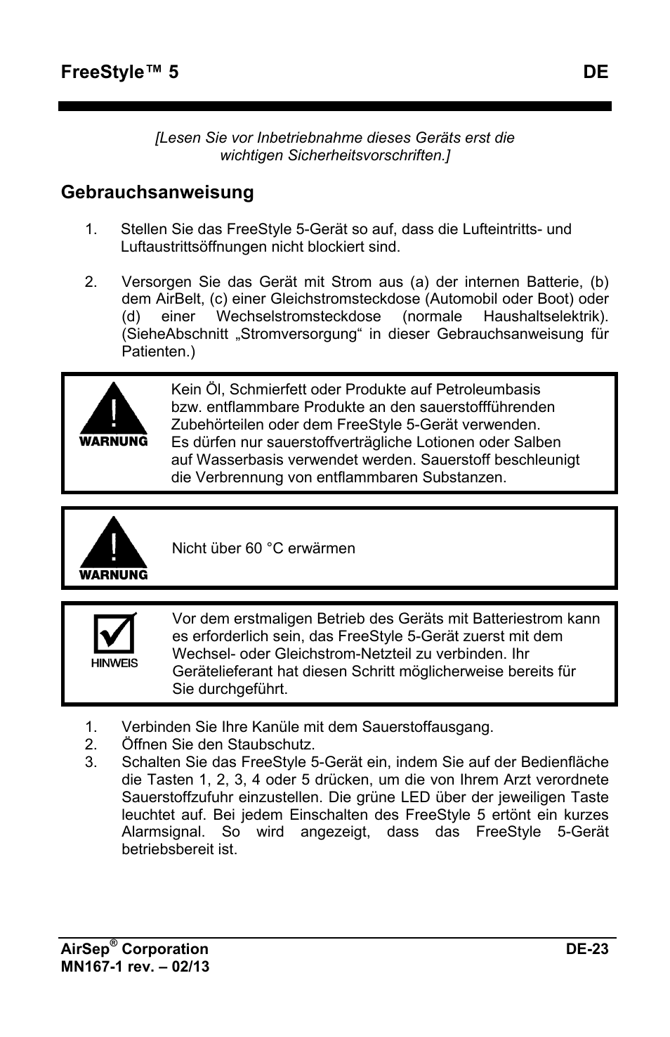 Freestyle™ 5 de, Gebrauchsanweisung | AirSep MN167-1 User Manual | Page 75 / 520