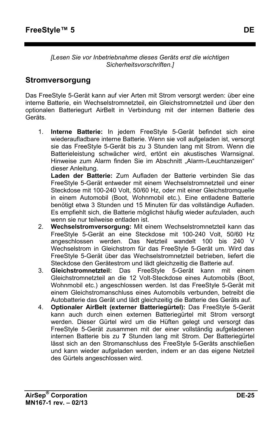 Freestyle™ 5 de, Stromversorgung | AirSep MN167-1 User Manual | Page 77 / 520