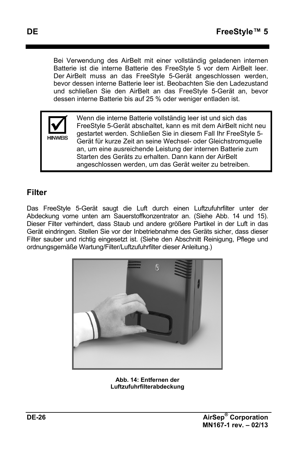 De freestyle™ 5, Filter | AirSep MN167-1 User Manual | Page 78 / 520