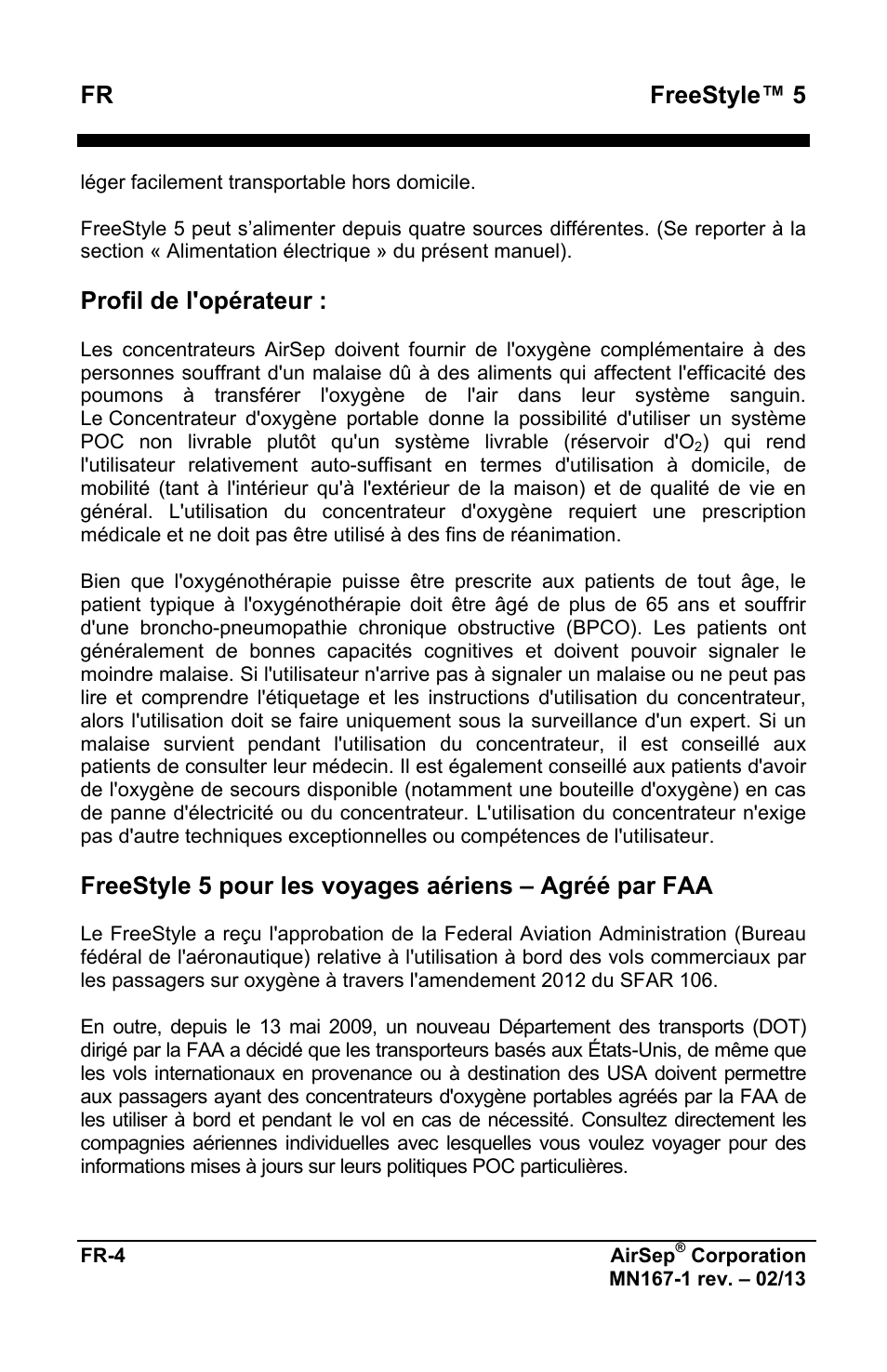 Fr freestyle™ 5, Profil de l'opérateur | AirSep MN167-1 User Manual | Page 8 / 520