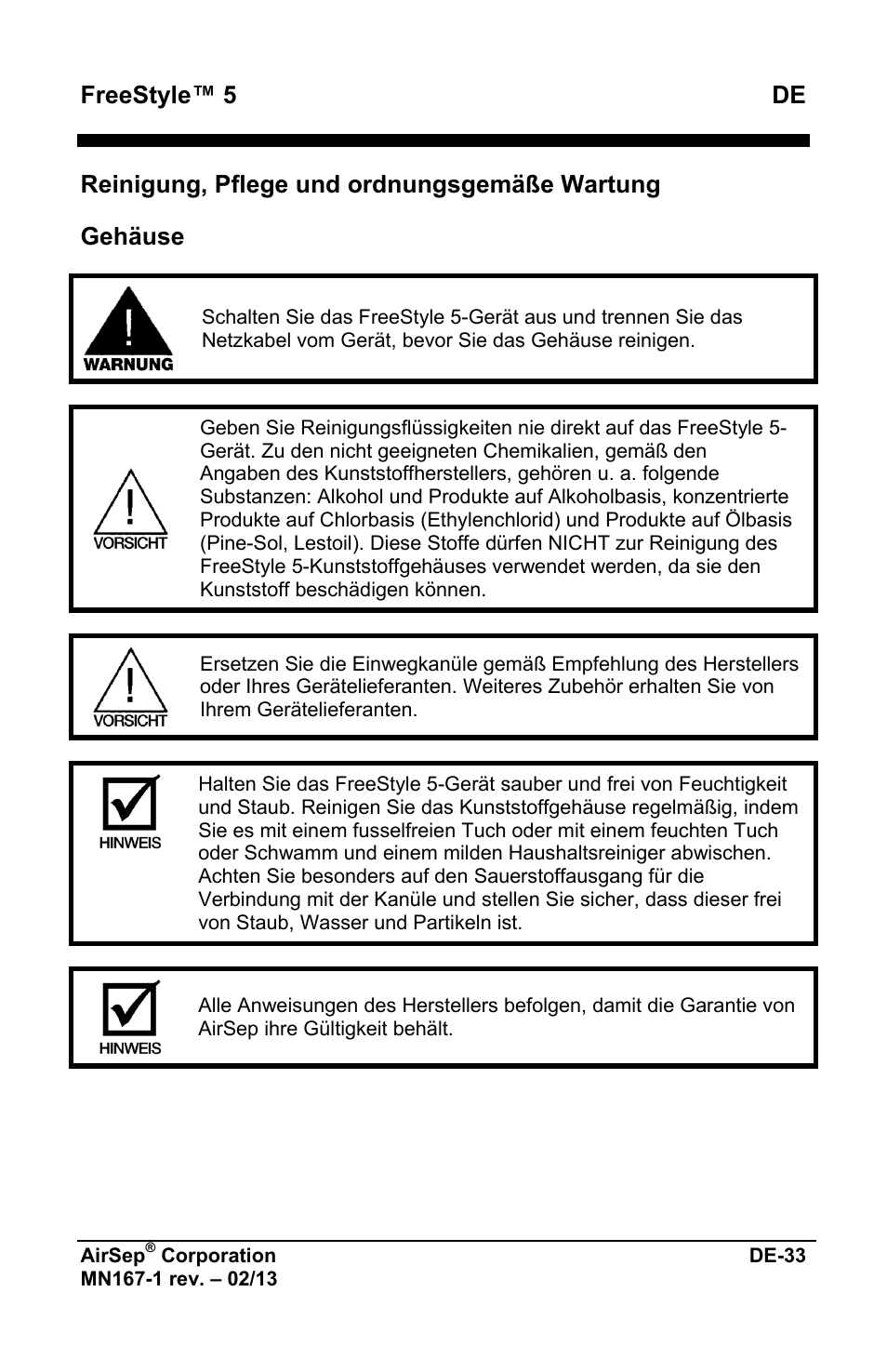 Freestyle™ 5 de, Reinigung, pflege und ordnungsgemäße wartung, Gehäuse | AirSep MN167-1 User Manual | Page 85 / 520