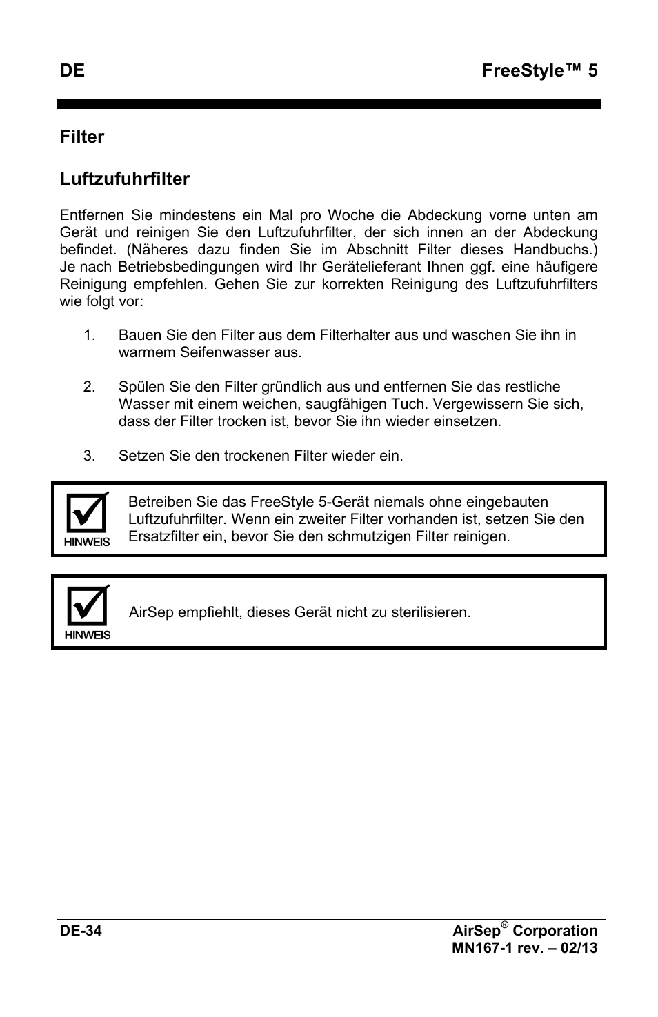 De freestyle™ 5, Filter luftzufuhrfilter | AirSep MN167-1 User Manual | Page 86 / 520