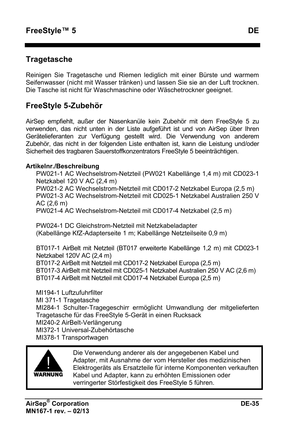 Freestyle™ 5 de, Tragetasche, Freestyle 5-zubehör | AirSep MN167-1 User Manual | Page 87 / 520