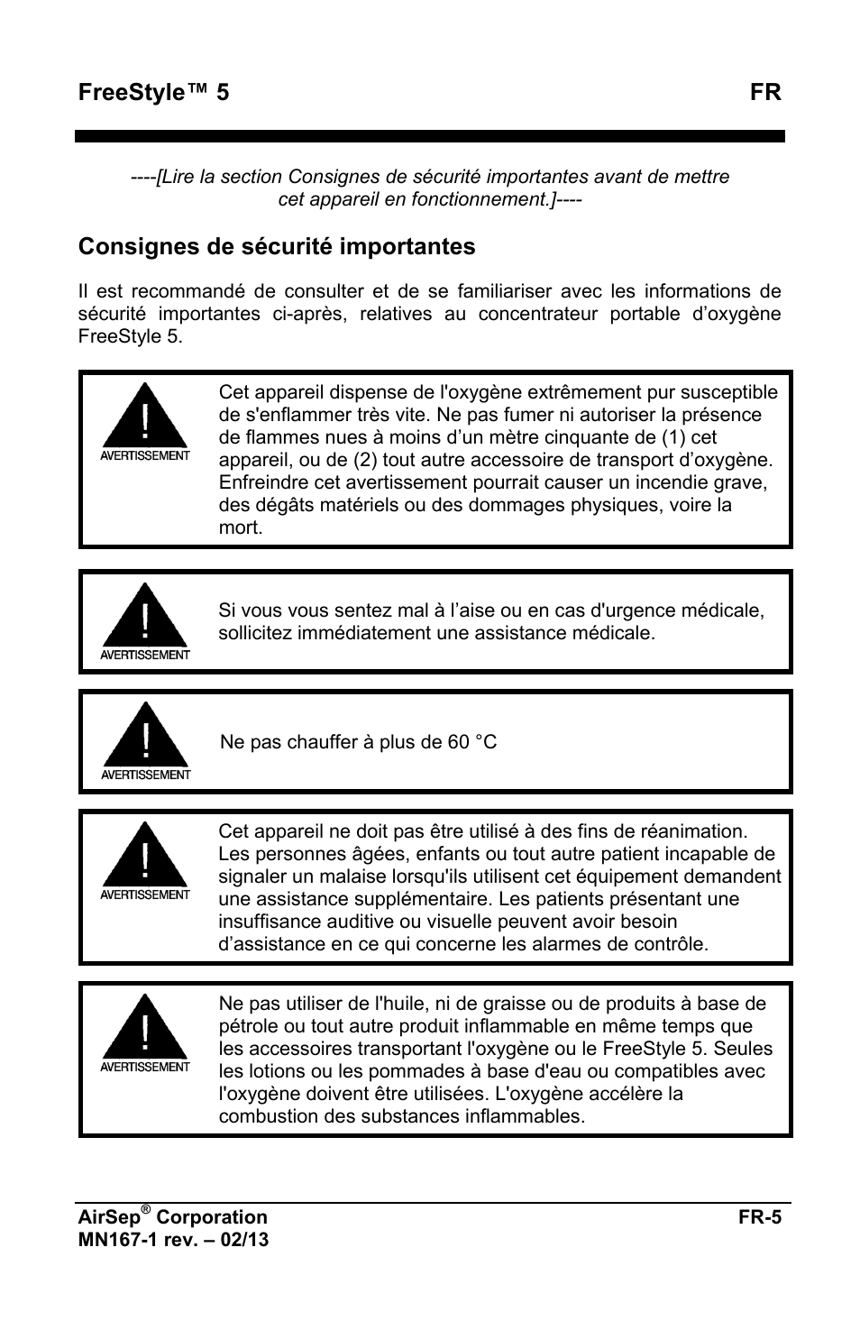 Freestyle™ 5 fr, Consignes de sécurité importantes | AirSep MN167-1 User Manual | Page 9 / 520