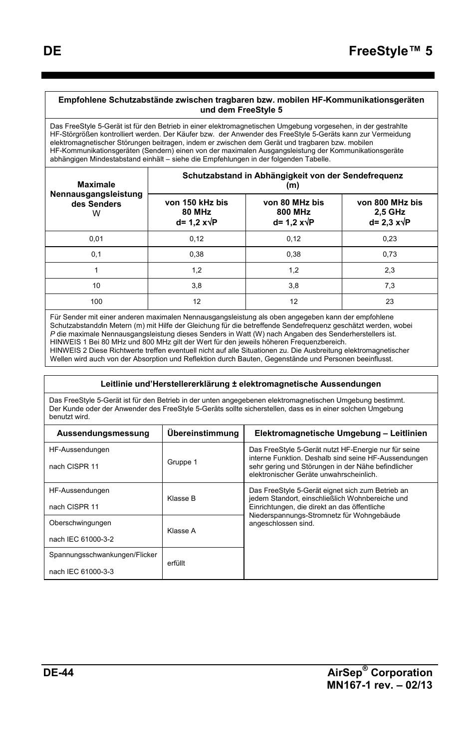 De freestyle™ 5, De-44 airsep | AirSep MN167-1 User Manual | Page 96 / 520