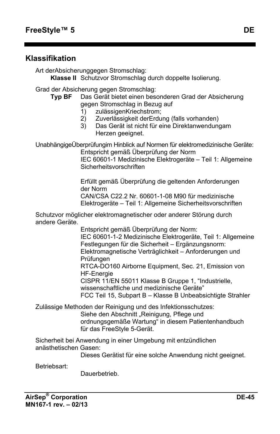 Freestyle™ 5 de, Klassifikation | AirSep MN167-1 User Manual | Page 97 / 520