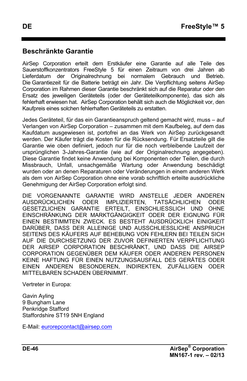 De freestyle™ 5, Beschränkte garantie | AirSep MN167-1 User Manual | Page 98 / 520