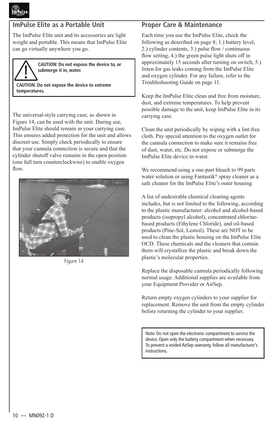 Impulse elite as a portable unit, Proper care & maintenance | AirSep MN092-1 D User Manual | Page 10 / 13