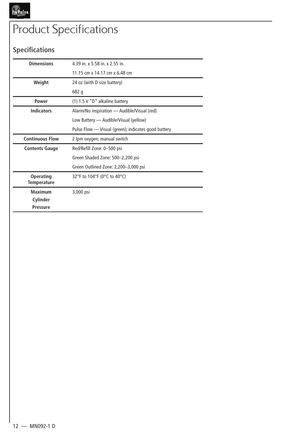 Product specifications, Specifications | AirSep MN092-1 D User Manual | Page 12 / 13