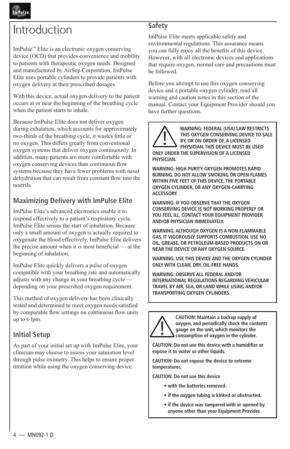 Introduction, Maximizing delivery with impulse elite, Initial setup | Safety | AirSep MN092-1 D User Manual | Page 4 / 13