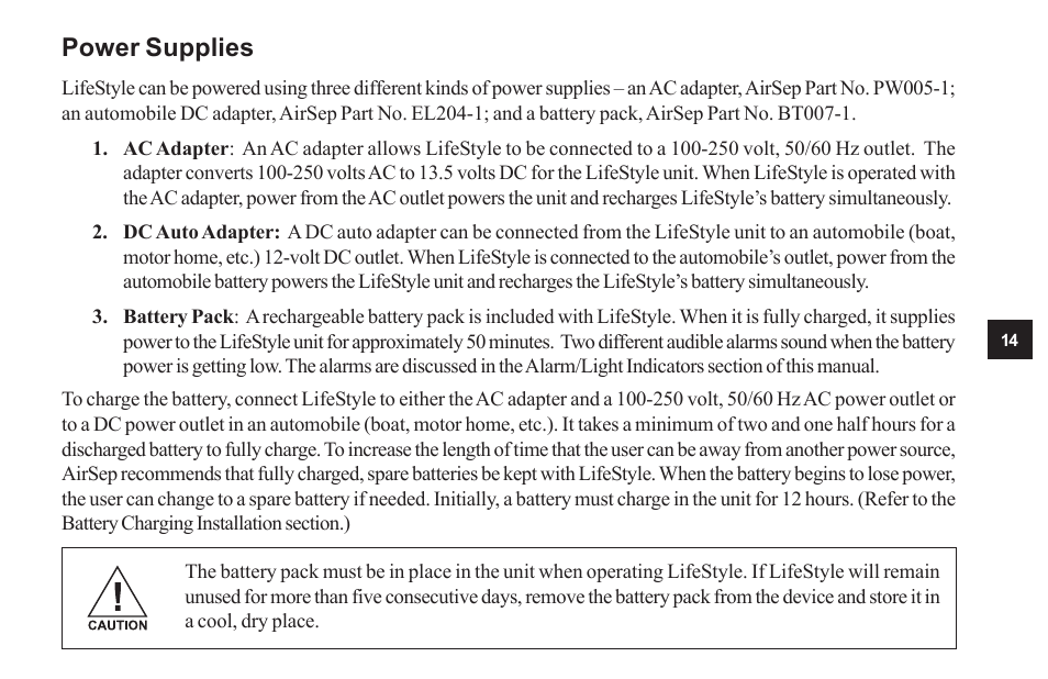 Power supplies | AirSep MN104-1 D User Manual | Page 18 / 40