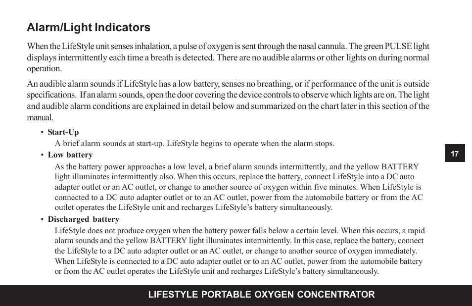 Alarm/light indicators | AirSep MN104-1 D User Manual | Page 21 / 40