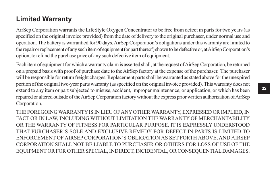Limited warranty | AirSep MN104-1 D User Manual | Page 36 / 40