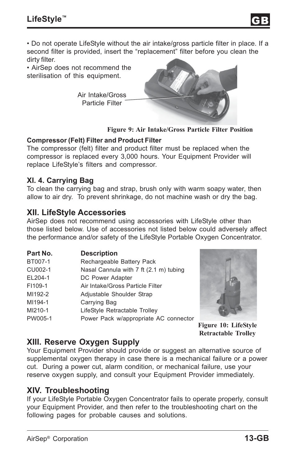 Lifestyle, Xii. lifestyle accessories, Xiii. reserve oxygen supply | Xiv. troubleshooting | AirSep MN112-1 User Manual | Page 103 / 208