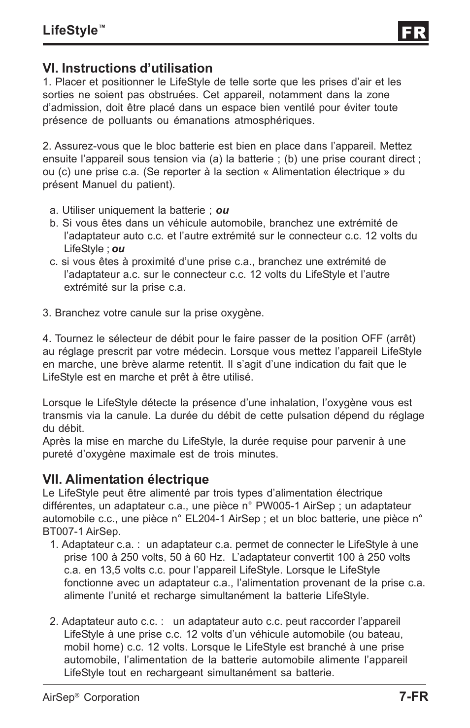 Lifestyle, Fr vi. instructions d’utilisation, Vii. alimentation électrique | AirSep MN112-1 User Manual | Page 11 / 208