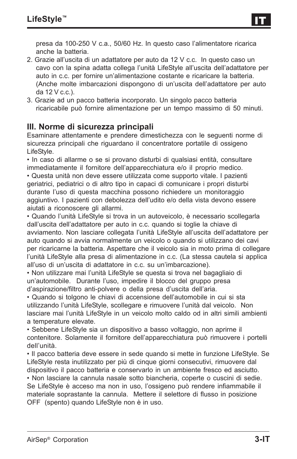 Lifestyle, Iii. norme di sicurezza principali | AirSep MN112-1 User Manual | Page 113 / 208